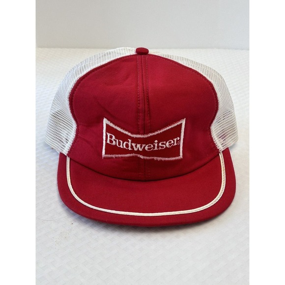 Snap-Back Other - Vintage Budweiser Beer Patch Trucker Hat - Red / White Snapback Cap Made in USA